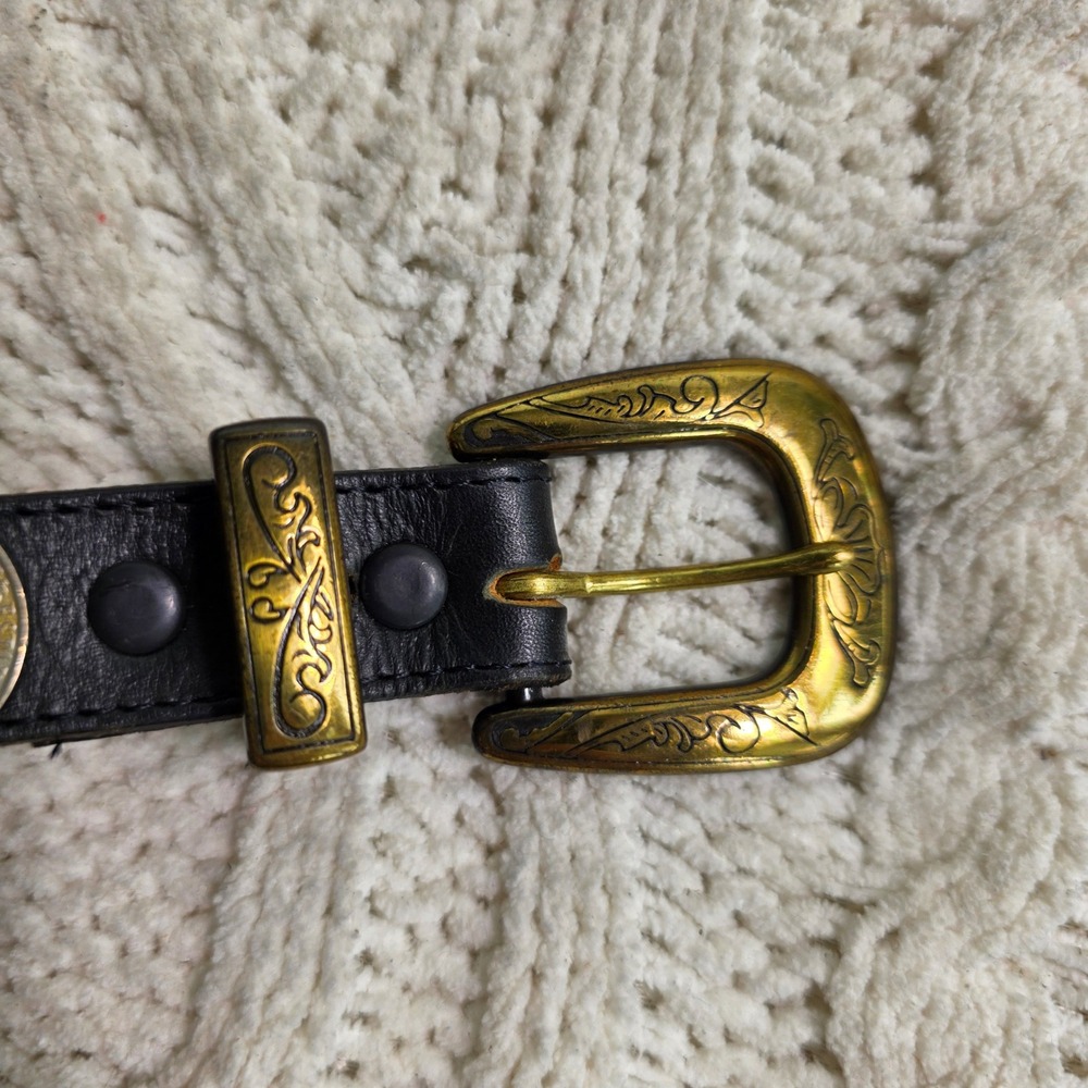 VTG 80s Ginnie Johansen Belt Black Mexican Coin Studded Western Leather 24-26 - Picture 7 of 11